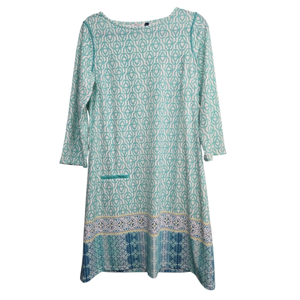 Cabana Life Aqua Printed Tunic Dress Sz L Coastal Grandmother Resort Cottagecore